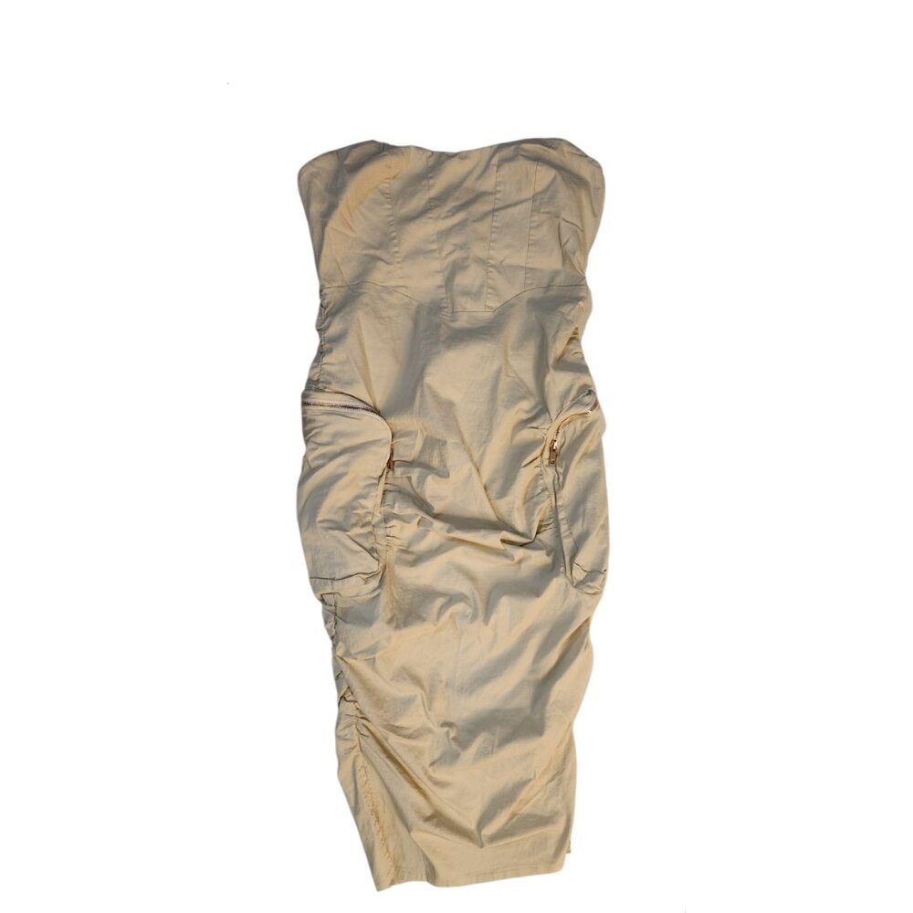 Cargo Tubetop Midi Dress Tan Size Large Strapless Pockets Slit Ruched Casual